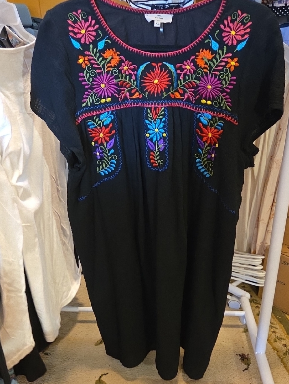 Entro Black Boho Dress with Multicolor Floral Embroidery XL